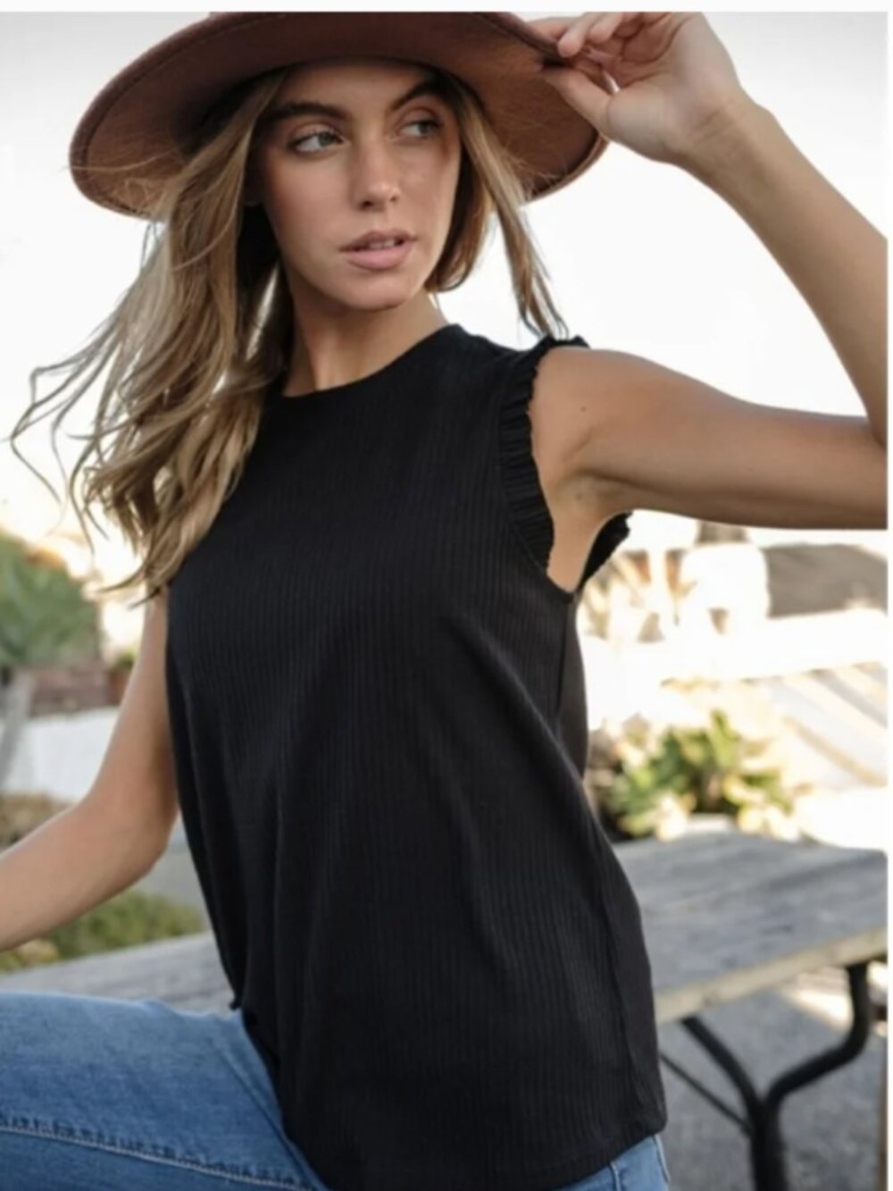 Ribbed Tank Top with Ruffle Detail